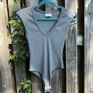 Body suit cute wide strap / small cap sleeve v-neck ribbed gray soft fabric